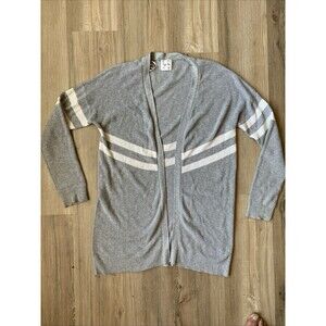 Hippie Rose Gray White Striped Open Front Pockets Cardigan Sweater Womens LARGE